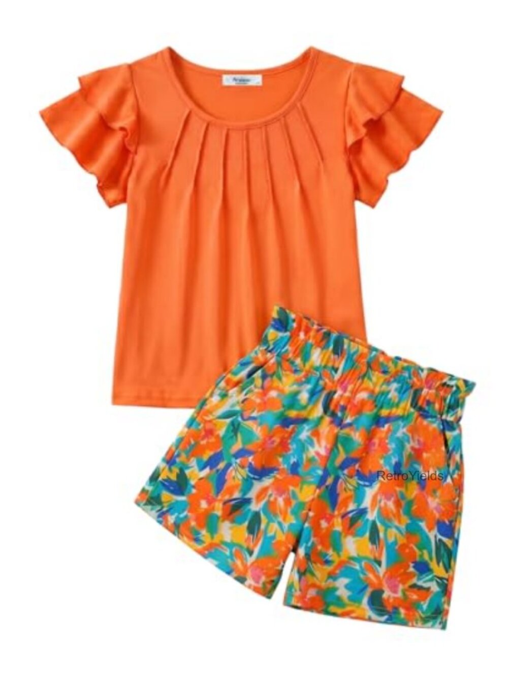 Girls 2 Piece Outfit Ruffle Sleeve Top & Paperbag Shorts Set